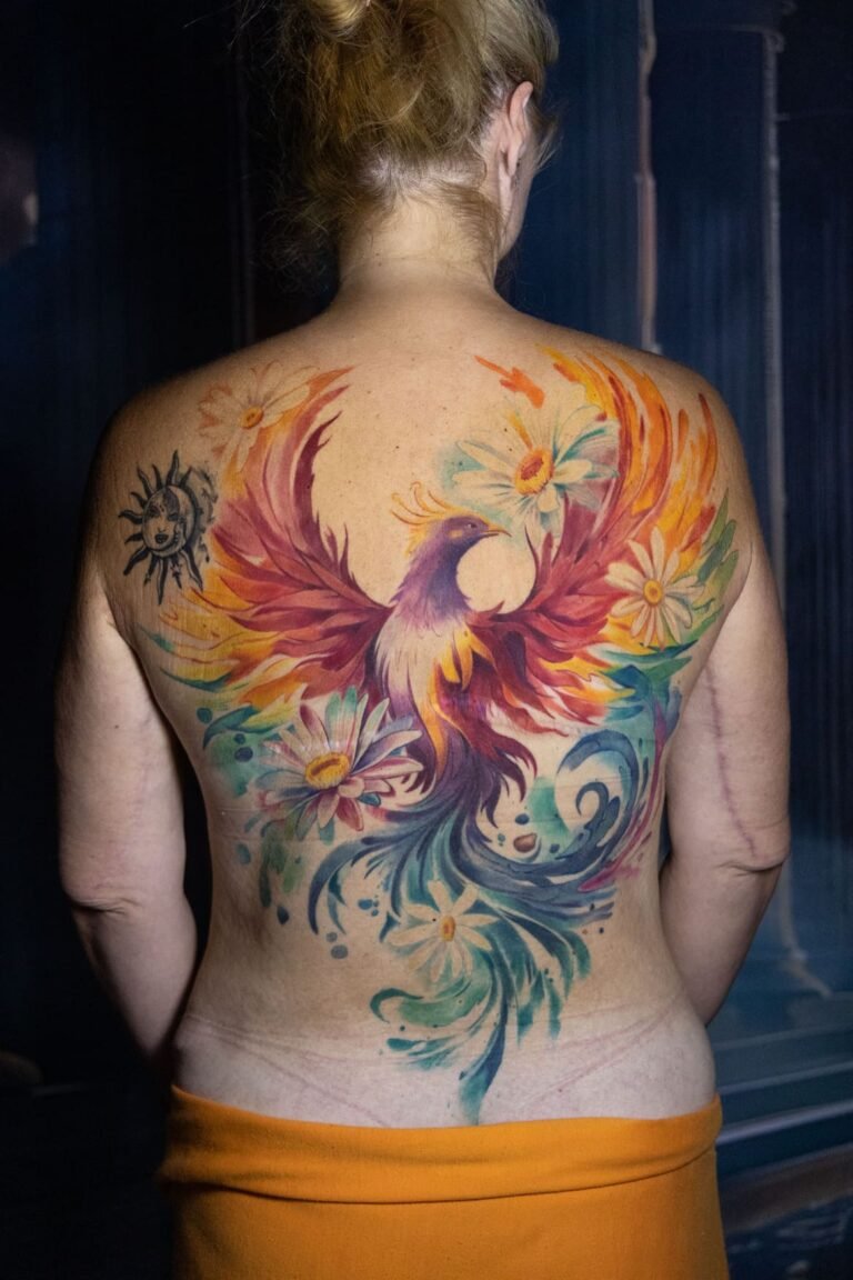 Espalda completa tatuada con un Ave Fénix a color que cubre una cicatriz, por Kate en Museum Tattoo Valencia