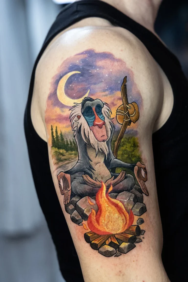Tatuaje a color del mandril sabio meditando junto al fuego, con luna creciente y bosque al atardecer. Hecho por Alena Lang en Museum Tattoo Valencia.
