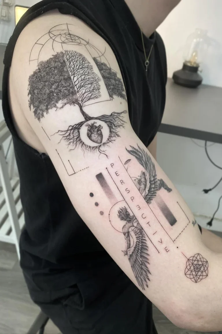 Tatuaje de realismo escultórico en el brazo: árbol de la vida y corazón anatómico