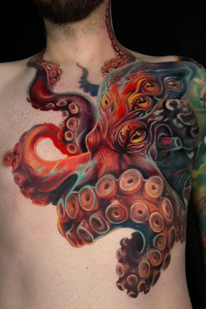 Pulpo gigante en el pecho: realismo a color por Kate